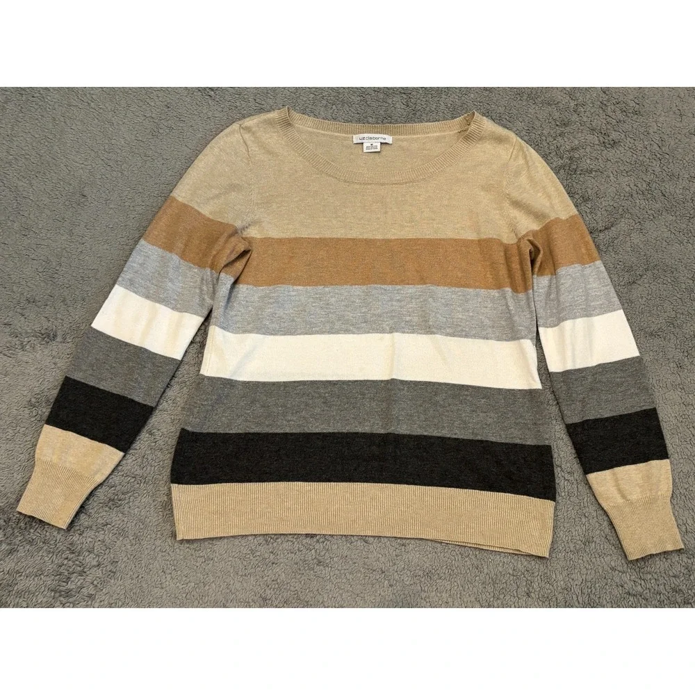 Liz Claiborne Sweater Womens Medium Beige Striped Knit Boatneck Long Sleeve